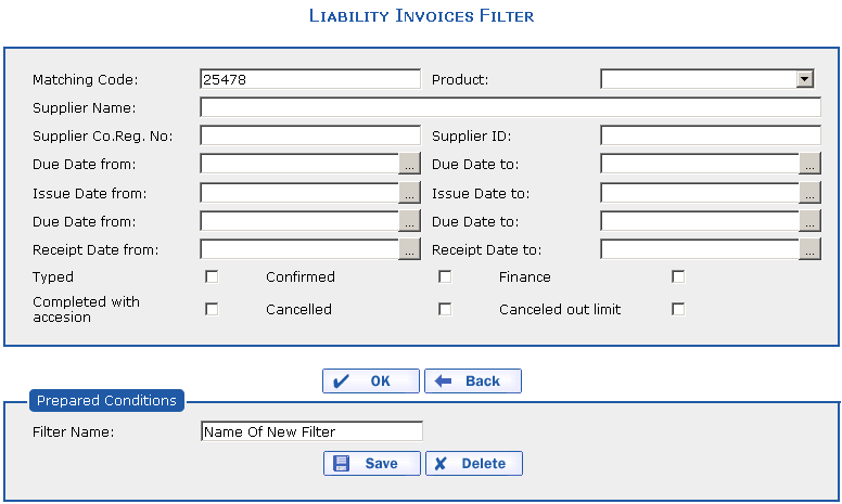 The Liability Invoices filter