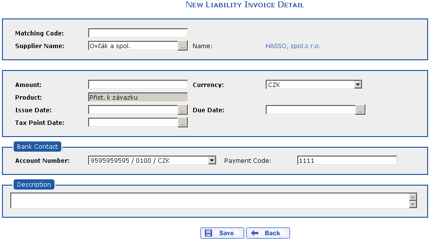 A new liability invoice with copied data from a selected invoice