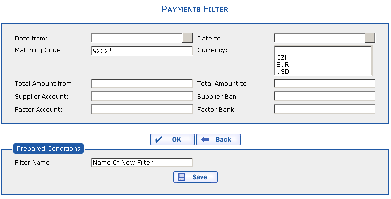 The filter of the payment with the matching code beginning with 9189