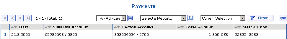 Overview of Payments corresponding to the entered filter