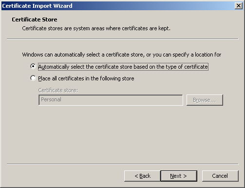 Leave the Automatically Select the Certificate Storage default command and press the Next button 