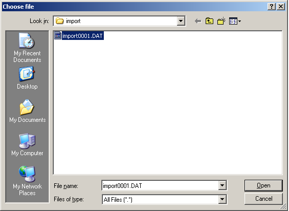 The Select File dialog with the import0001.DAT file