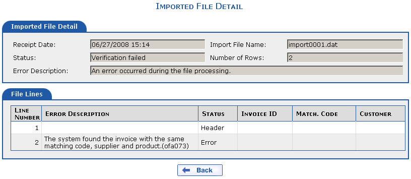 Imported file detail if an error occurred and invoice import failed