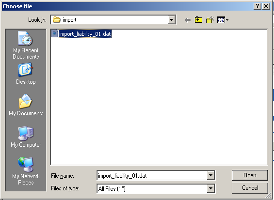The Select File dialog with the import_liability_invoice_01.DAT file