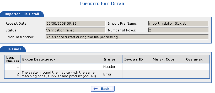 Imported file detail if an error occurred and invoice import failed