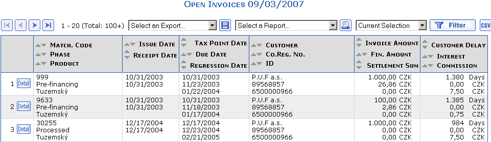 The overview of open invoices filtered as of the settlement date to 3.9.2007