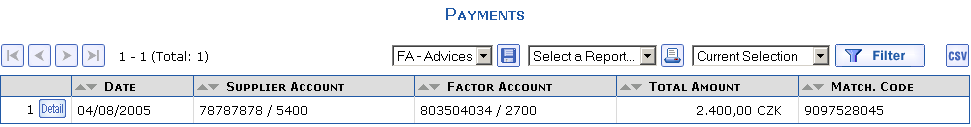 Overview of Payments corresponding to the entered filter