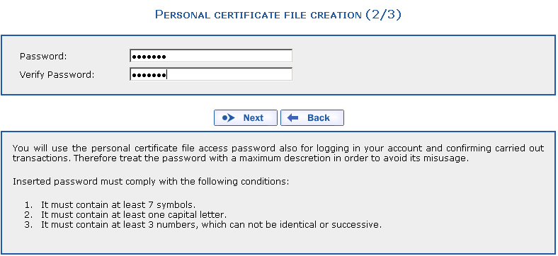 Password entry during personal certificate file creation