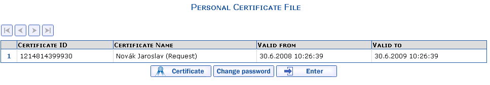 Certificates saved in the Internet Personal Certificate File