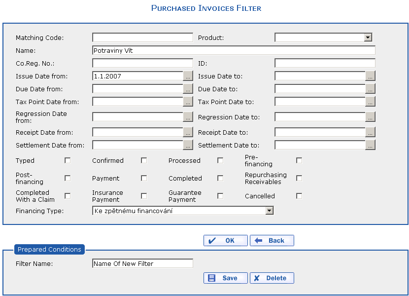 The filter of Purchase Invoices with reverse financing